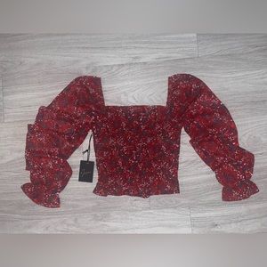 Japna Red Multi Floral Smocked Long Sleeve Crop Top Size XS NWT